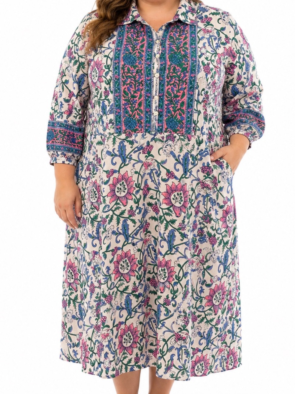 Mary Marshmallow White/Pink/Blue Floral Panel Front Shift Dress L